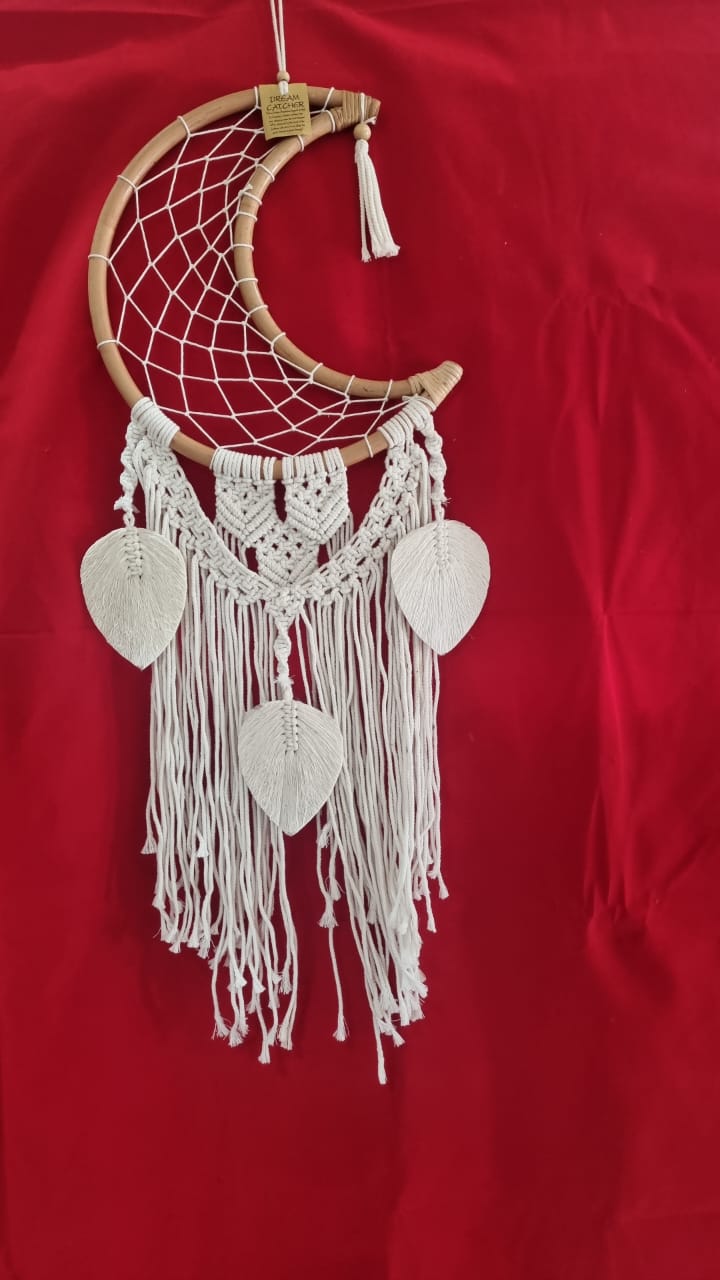 32 cm (12.6") moon-shaped rattan and cotton macrame dreamcatcher with fringe for bohemian wall décor