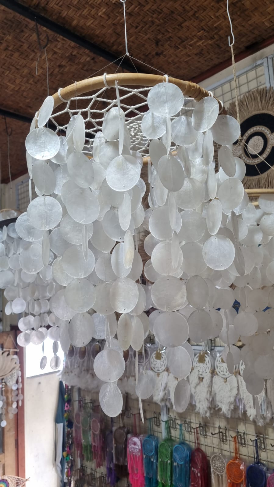 Natural handmade chandelier with cascading capiz shells and rattan frame – 32 cm (12.6 in) boho coastal home lighting