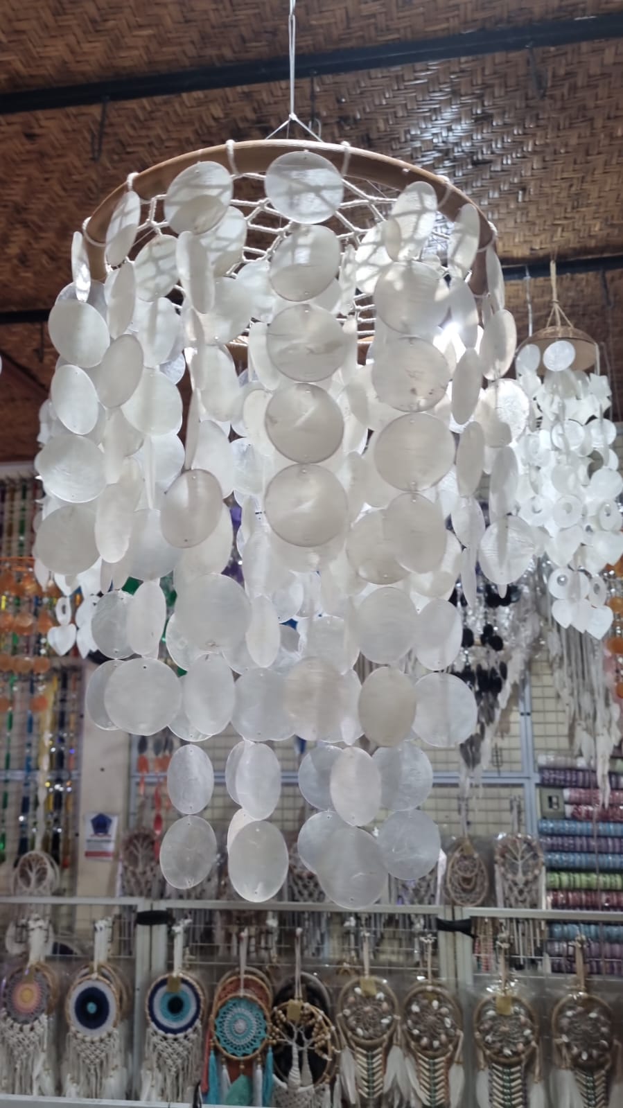 Natural handmade chandelier with cascading capiz shells and rattan frame – 32 cm (12.6 in) boho coastal home lighting