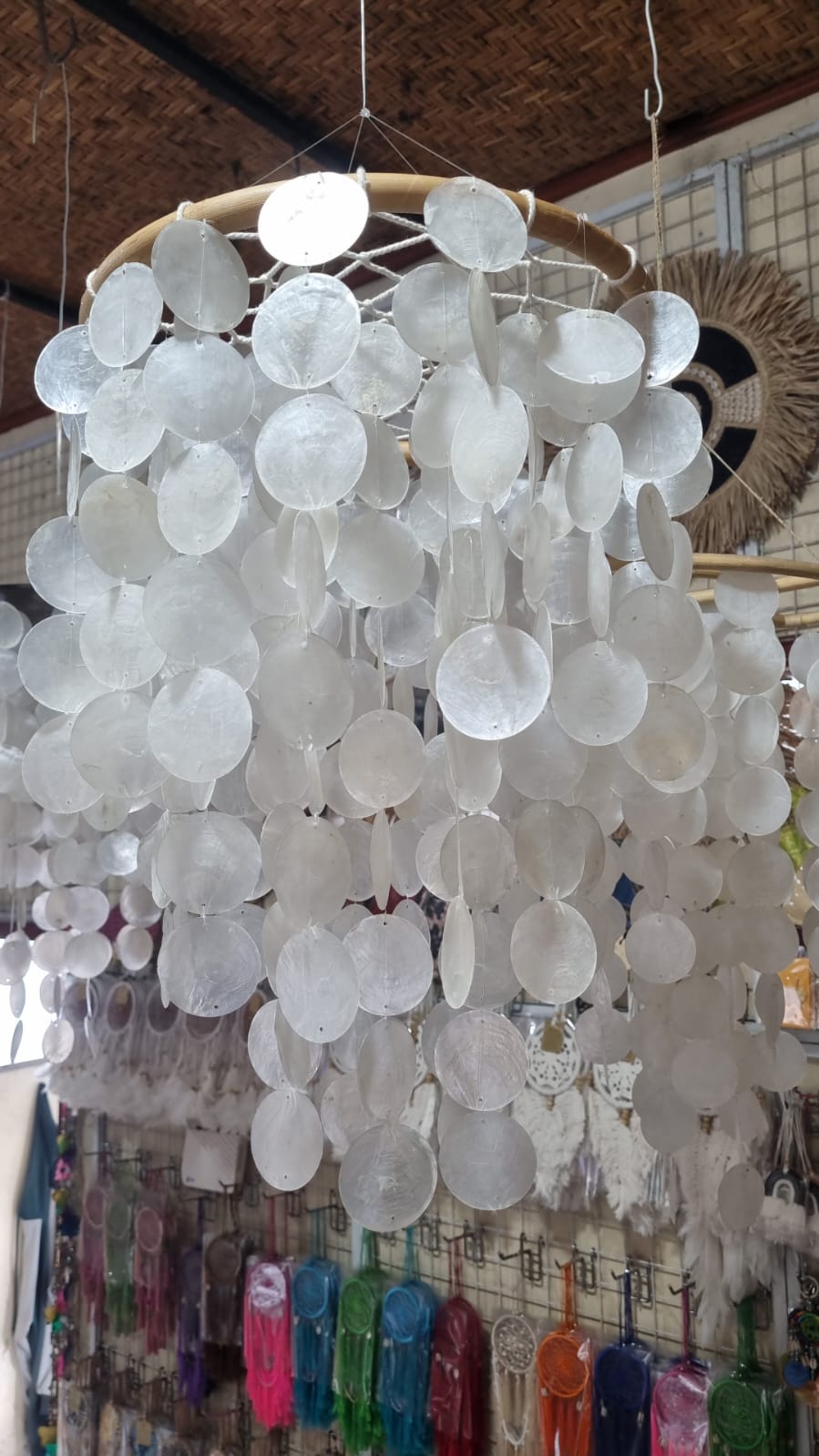 Natural handmade chandelier with cascading capiz shells and rattan frame – 32 cm (12.6 in) boho coastal home lighting