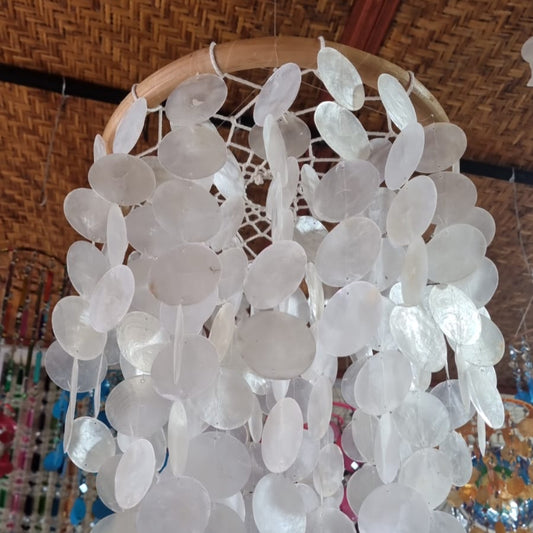 Natural handmade chandelier with cascading capiz shells and rattan frame – 32 cm (12.6 in) boho coastal home lighting