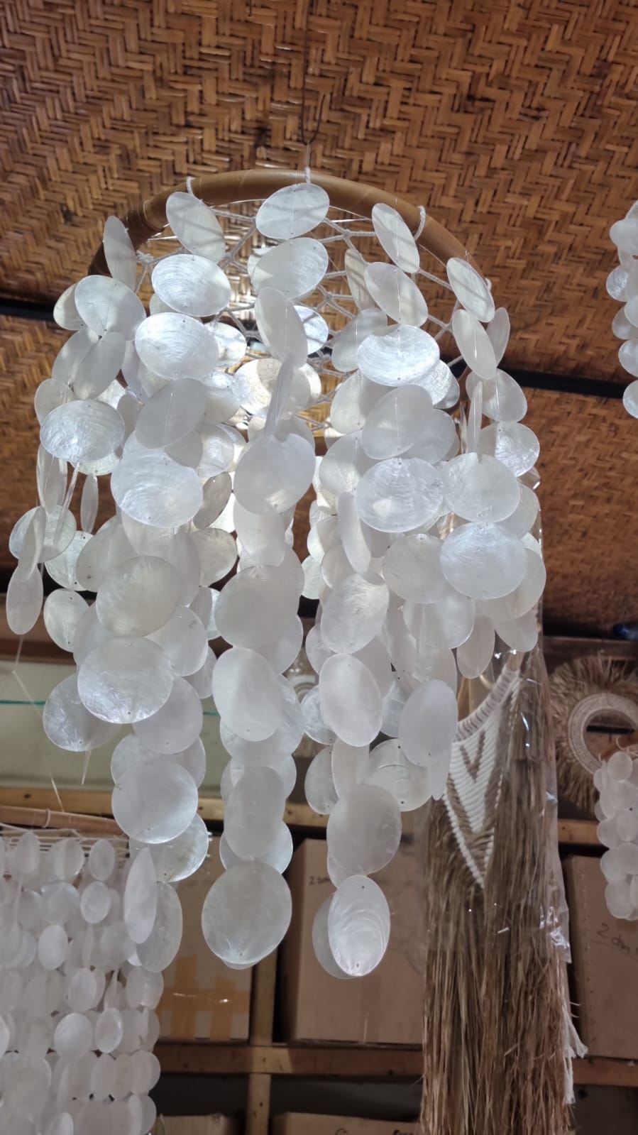 Natural handmade chandelier with cascading capiz shells and rattan frame – 32 cm (12.6 in) boho coastal home lighting