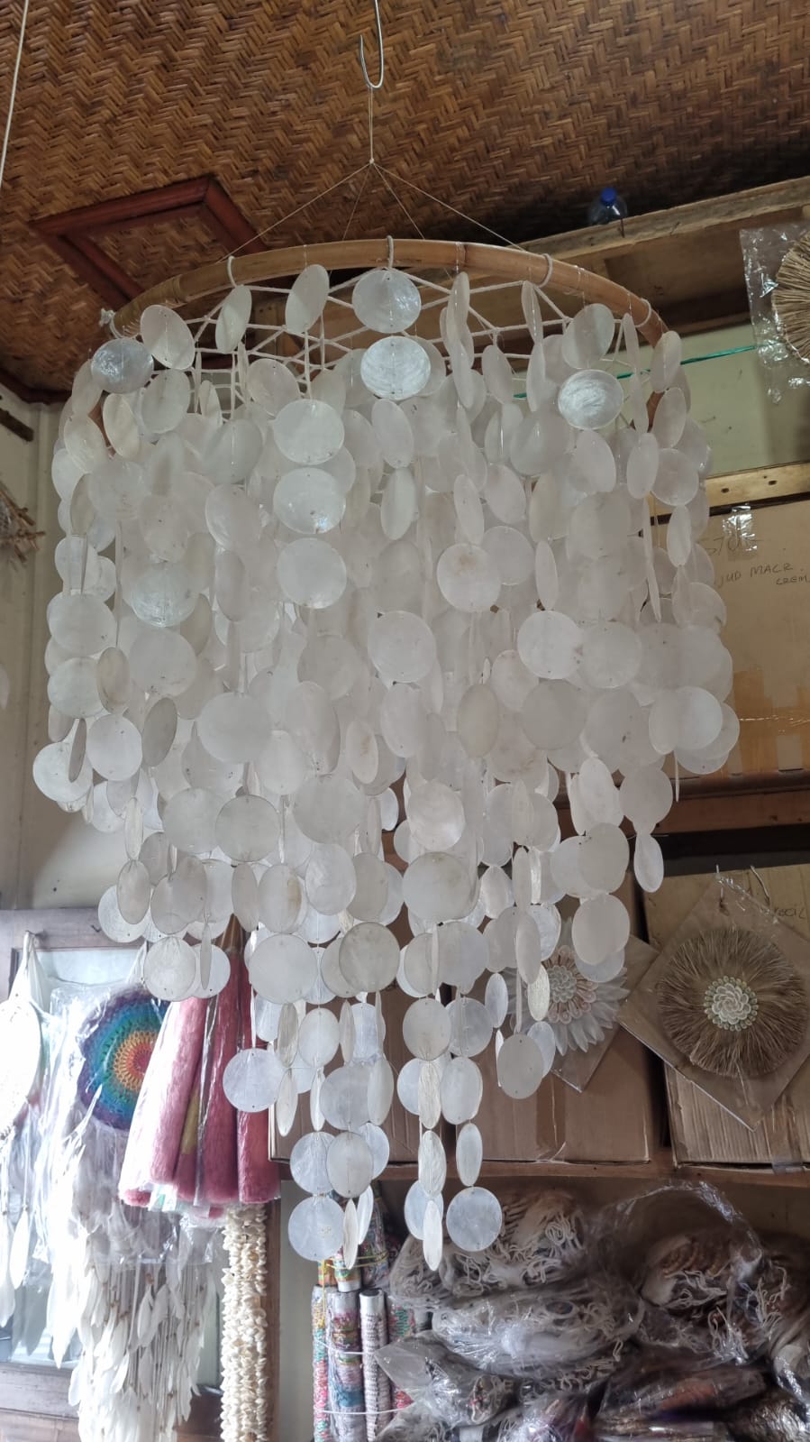 Natural handmade chandelier with cascading capiz shells and rattan frame – 32 cm (12.6 in) boho coastal home lighting