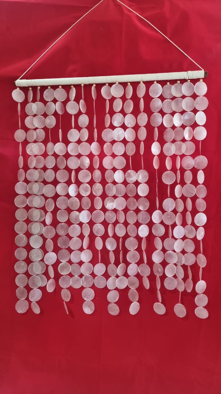 Coastal-style handmade capiz shell wall hanging, 70x100cm (27.5"x39.3"), natural shells on wooden rod for home and event décor