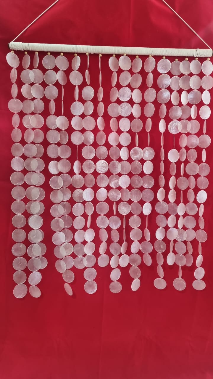 Coastal-style handmade capiz shell wall hanging, 70x100cm (27.5"x39.3"), natural shells on wooden rod for home and event décor