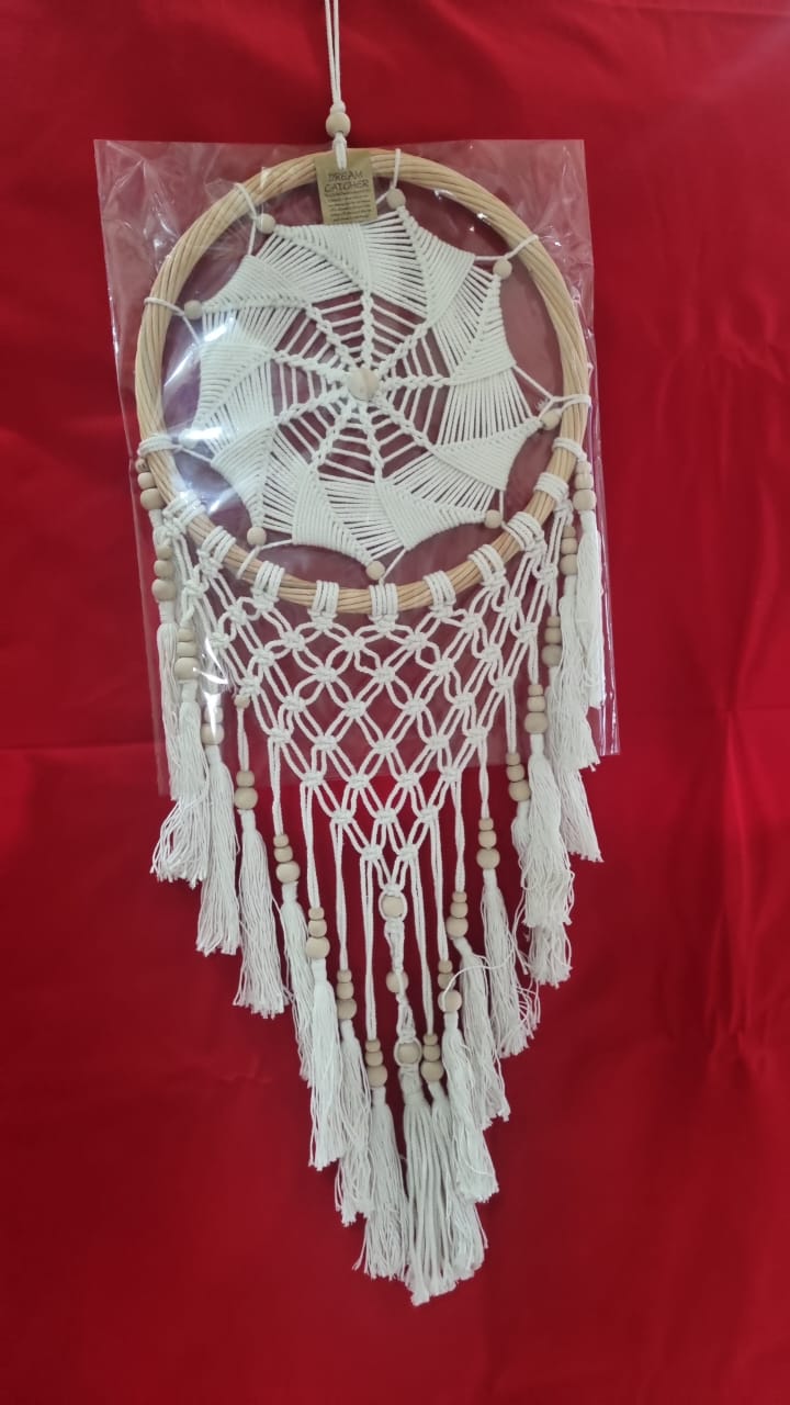 Handmade rattan and cotton dreamcatcher with macrame tassels and wooden beads, 32 cm diameter wall décor
