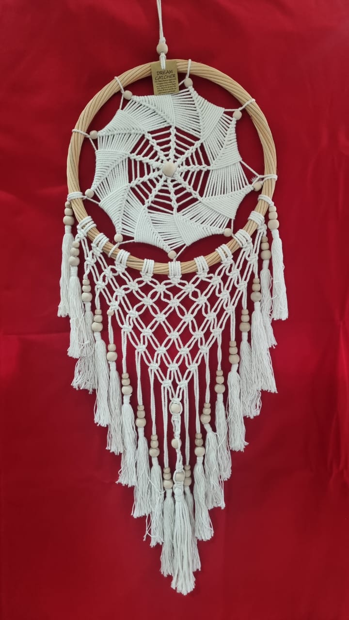 Handmade rattan and cotton dreamcatcher with macrame tassels and wooden beads, 32 cm diameter wall décor