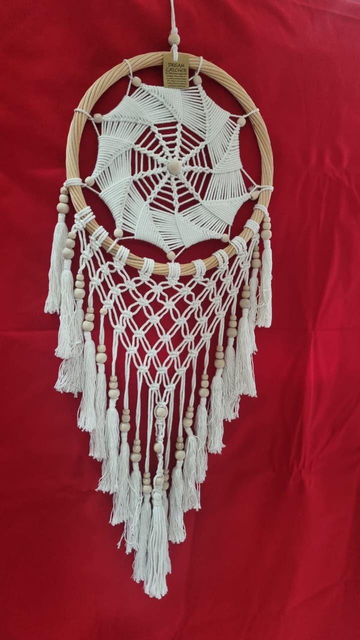 Handmade rattan and cotton dreamcatcher with macrame tassels and wooden beads, 32 cm diameter wall décor