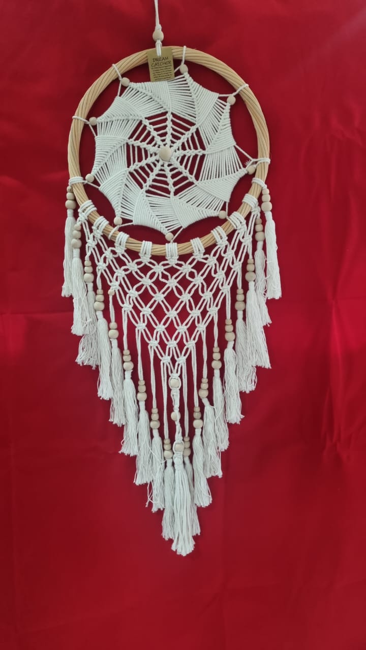 Handmade rattan and cotton dreamcatcher with macrame tassels and wooden beads, 32 cm diameter wall décor