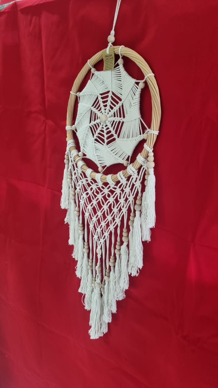 Handmade rattan and cotton dreamcatcher with macrame tassels and wooden beads, 32 cm diameter wall décor