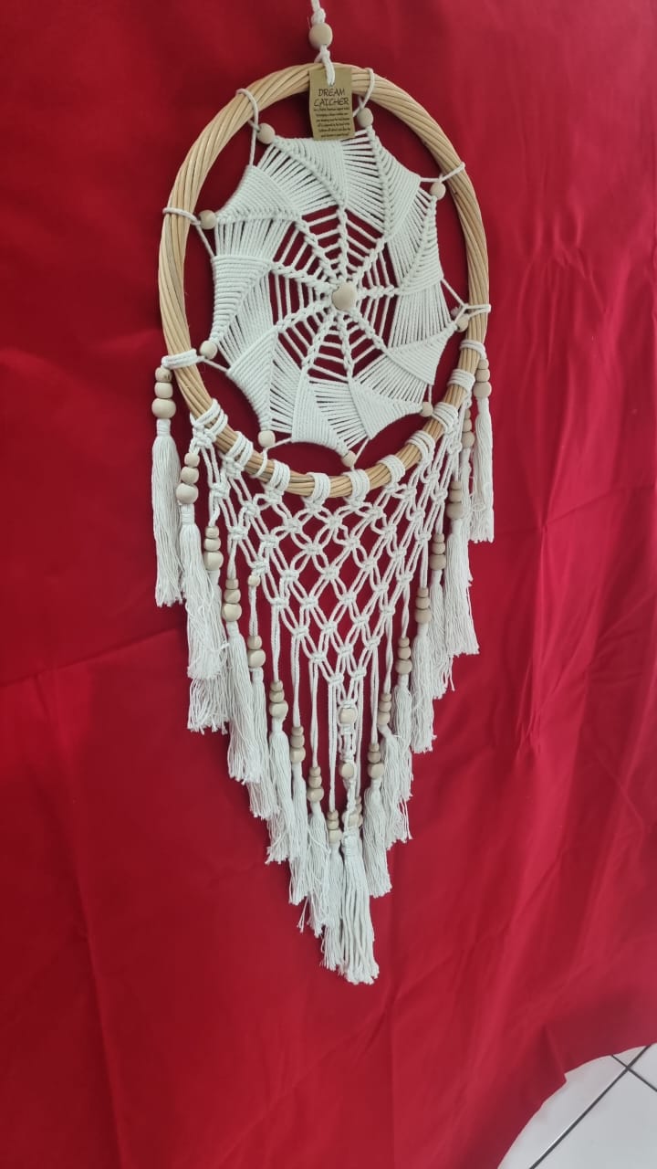 Handmade rattan and cotton dreamcatcher with macrame tassels and wooden beads, 32 cm diameter wall décor