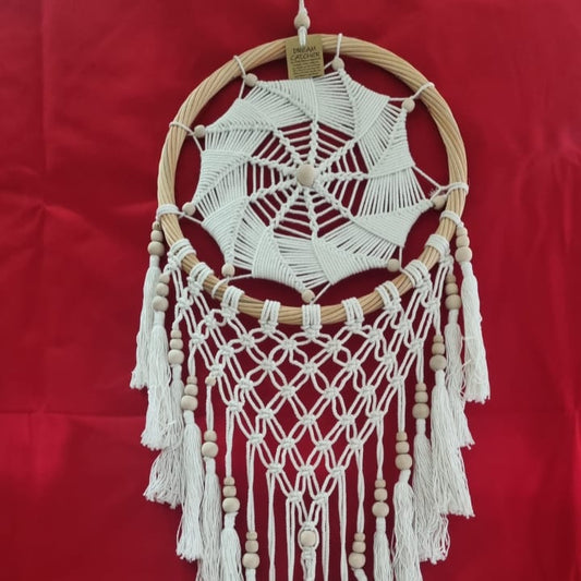 Handmade rattan and cotton dreamcatcher with macrame tassels and wooden beads, 32 cm diameter wall décor