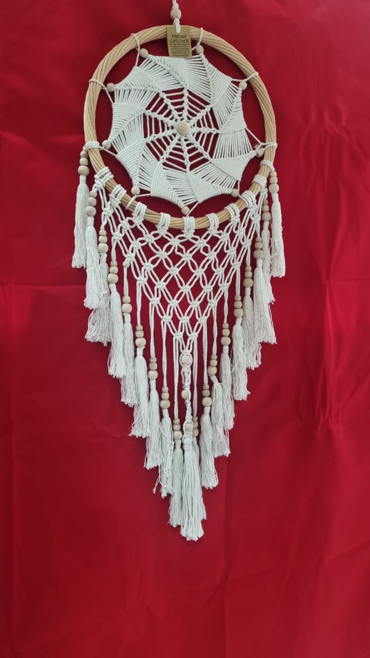 Handmade rattan and cotton dreamcatcher with macrame tassels and wooden beads, 32 cm diameter wall décor