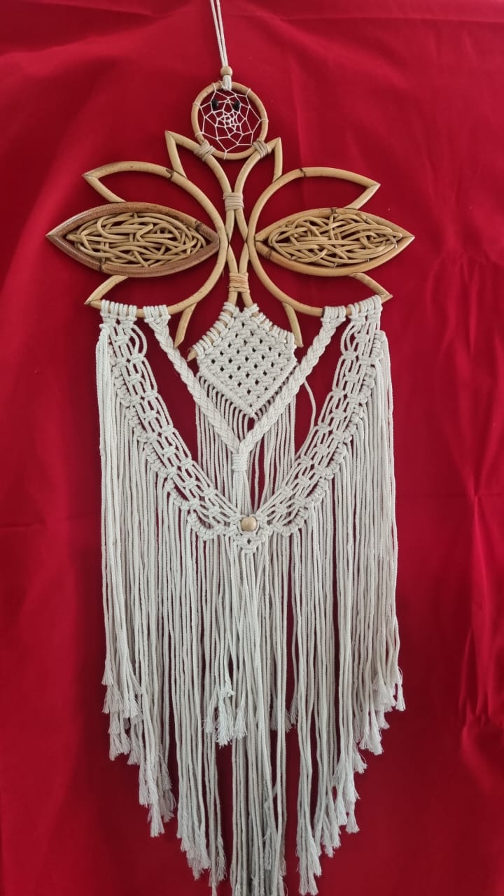 Large handmade rattan and cotton macrame dreamcatcher, 35 cm (13.7") diameter, floral frame with fringe for boho wall décor