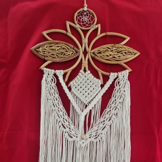 Large handmade rattan and cotton macrame dreamcatcher, 35 cm (13.7") diameter, floral frame with fringe for boho wall décor
