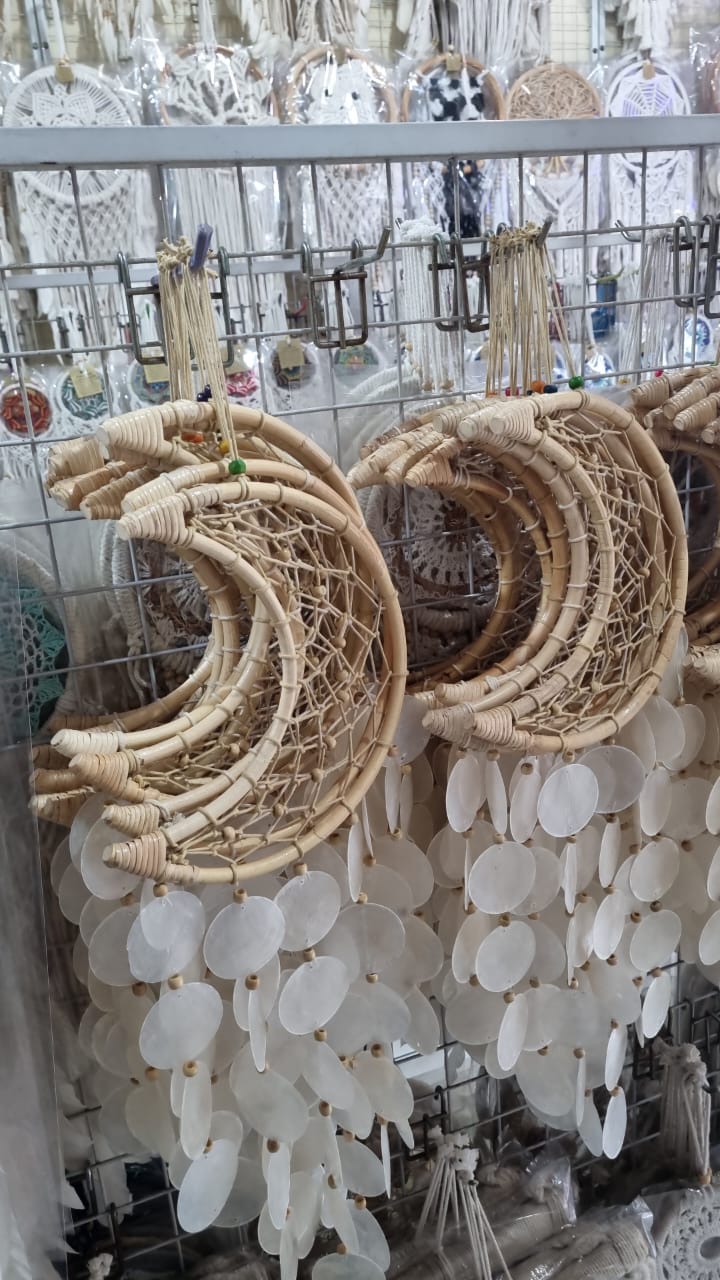 Bohemian rattan crescent moon dreamcatcher with seashell accents, 22 cm handmade wall decor