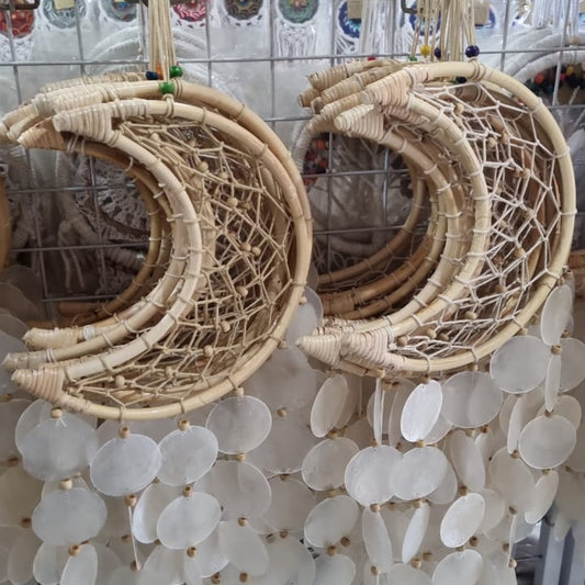 Bohemian rattan crescent moon dreamcatcher with seashell accents, 22 cm handmade wall decor