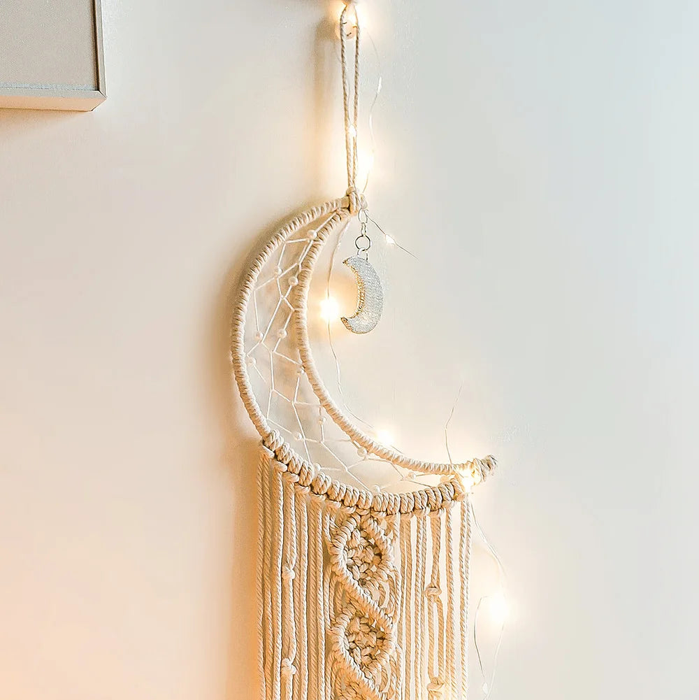 Moon & Star Macrame Dreamcatcher – Boho Wall Hanging Nursery Decor Gift