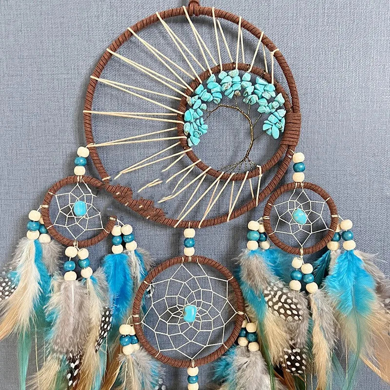 Turquoise Tree of Life Dreamcatcher - Retro Wall Decor with Natural Stone