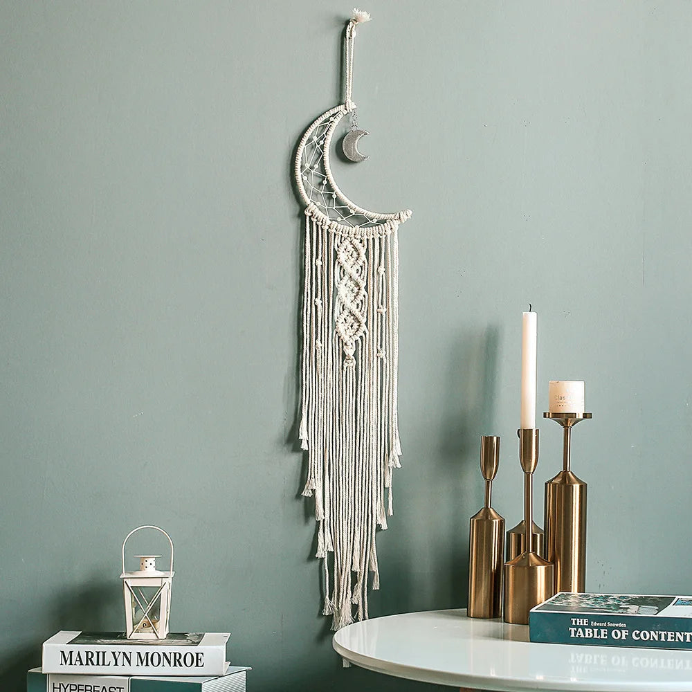 Moon & Star Macrame Dreamcatcher – Boho Wall Hanging Nursery Decor Gift