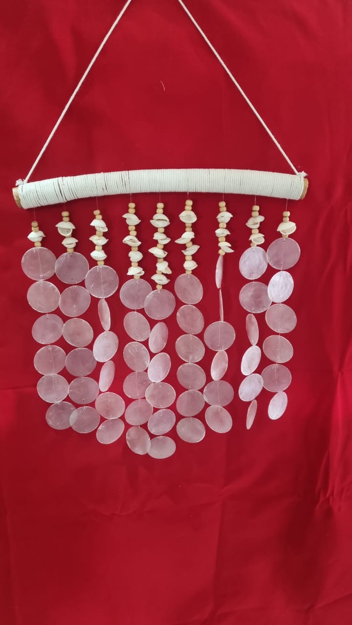 Large handmade seashell wall hanging, 40cm, crafted from capiz shells, wooden beads, and sea shells for coastal boho home décor.