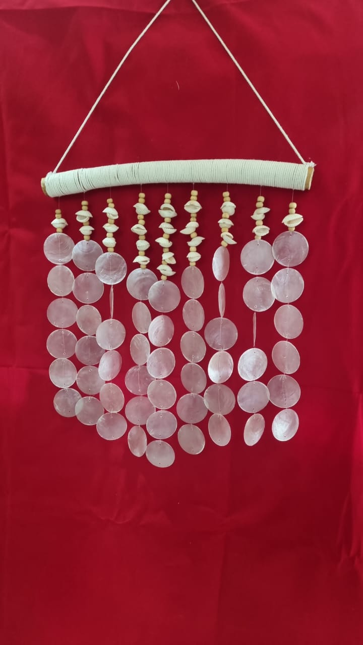 Large handmade seashell wall hanging, 40cm, crafted from capiz shells, wooden beads, and sea shells for coastal boho home décor.