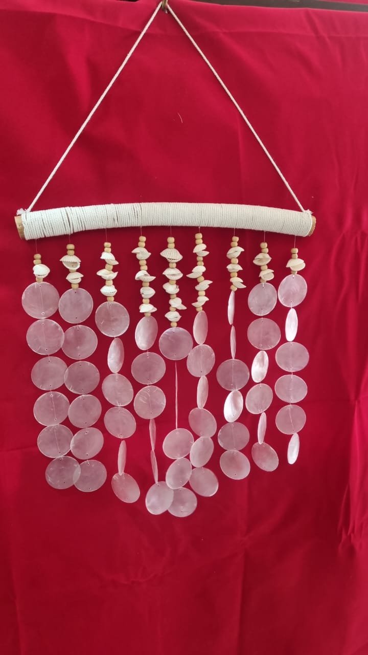 Large handmade seashell wall hanging, 40cm, crafted from capiz shells, wooden beads, and sea shells for coastal boho home décor.