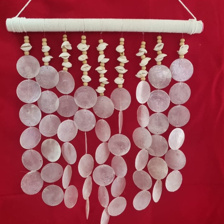 Large handmade seashell wall hanging, 40cm, crafted from capiz shells, wooden beads, and sea shells for coastal boho home décor.
