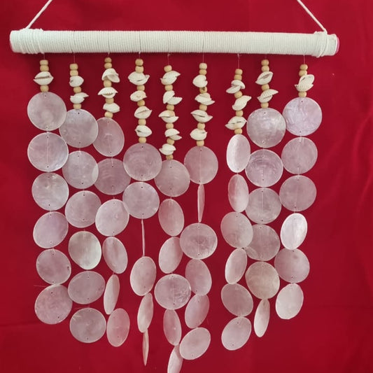 Large handmade seashell wall hanging, 40cm, crafted from capiz shells, wooden beads, and sea shells for coastal boho home décor.