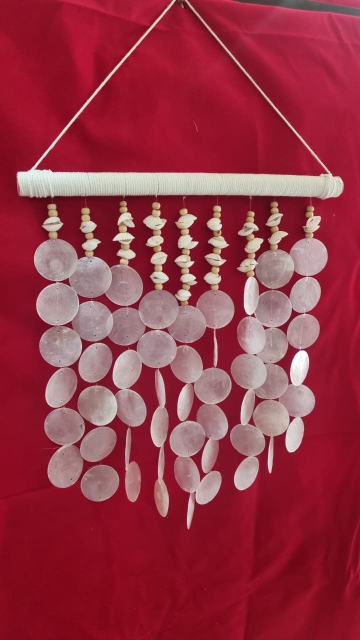 Large handmade seashell wall hanging, 40cm, crafted from capiz shells, wooden beads, and sea shells for coastal boho home décor.