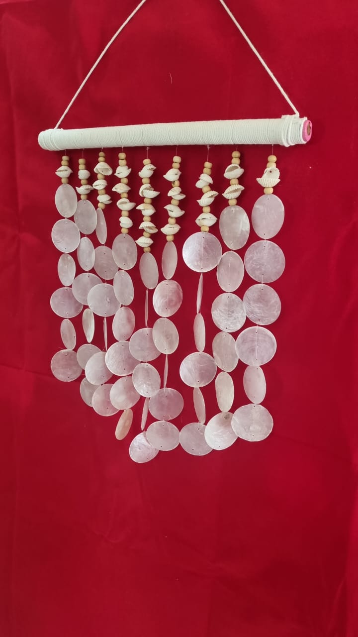 Large handmade seashell wall hanging, 40cm, crafted from capiz shells, wooden beads, and sea shells for coastal boho home décor.