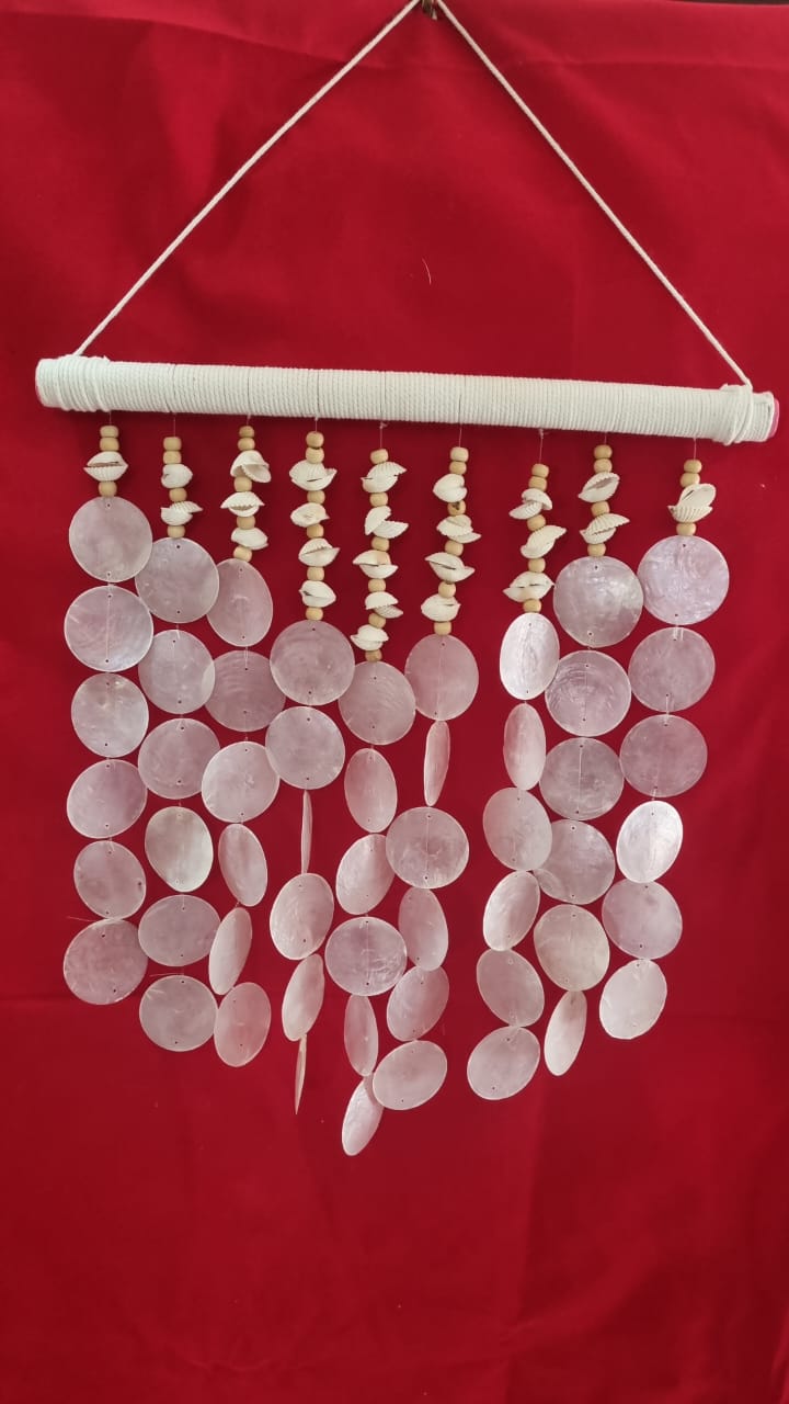 Large handmade seashell wall hanging, 40cm, crafted from capiz shells, wooden beads, and sea shells for coastal boho home décor.