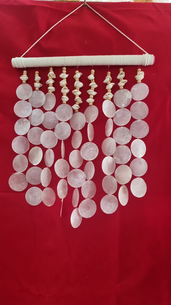 Large handmade seashell wall hanging, 40cm, crafted from capiz shells, wooden beads, and sea shells for coastal boho home décor.