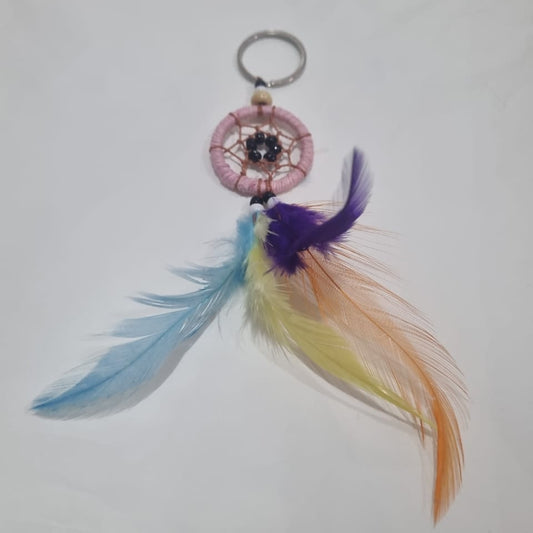 Handcrafted dreamcatcher keychain with colorful feathers and cotton web