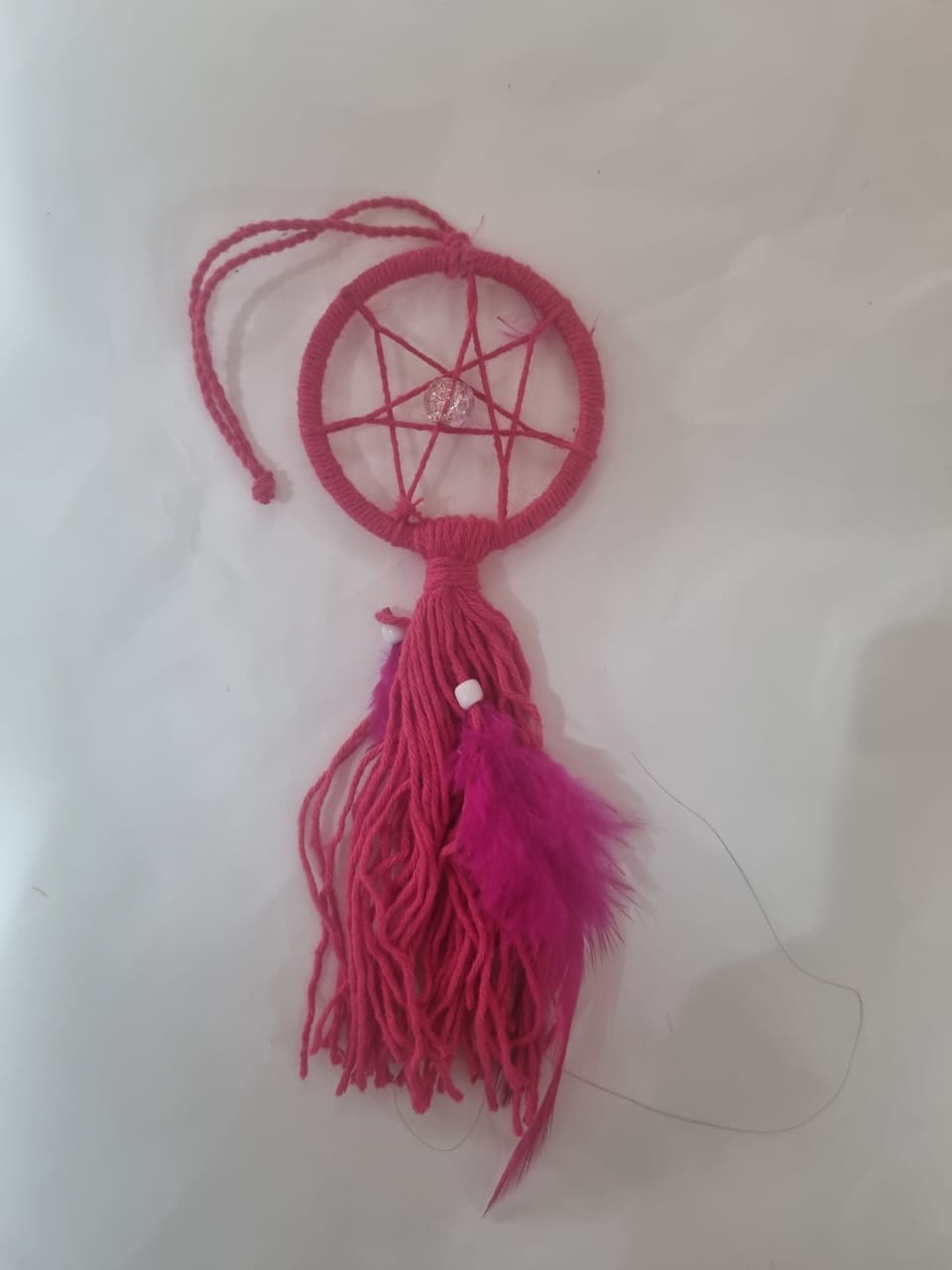 Handmade mini boho dreamcatcher keychain with colorful feathers and beads, cotton 3cm ring