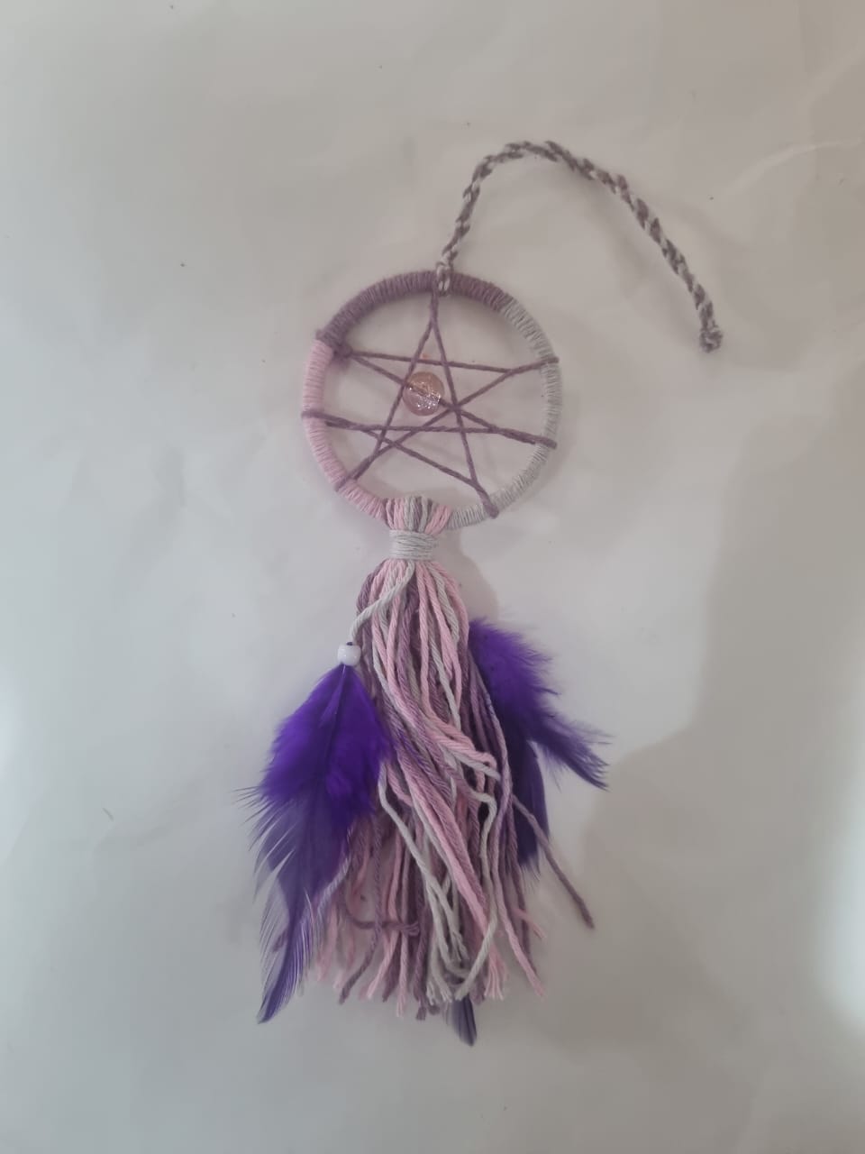 Handmade mini boho dreamcatcher keychain with colorful feathers and beads, cotton 3cm ring