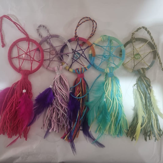 Handmade mini boho dreamcatcher keychain with colorful feathers and beads, cotton 3cm ring
