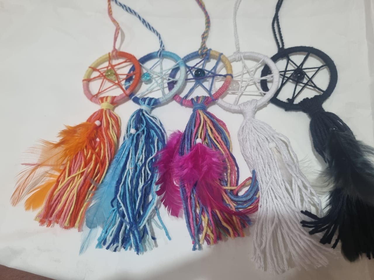 Handmade mini boho dreamcatcher keychain with colorful feathers and beads, cotton 3cm ring