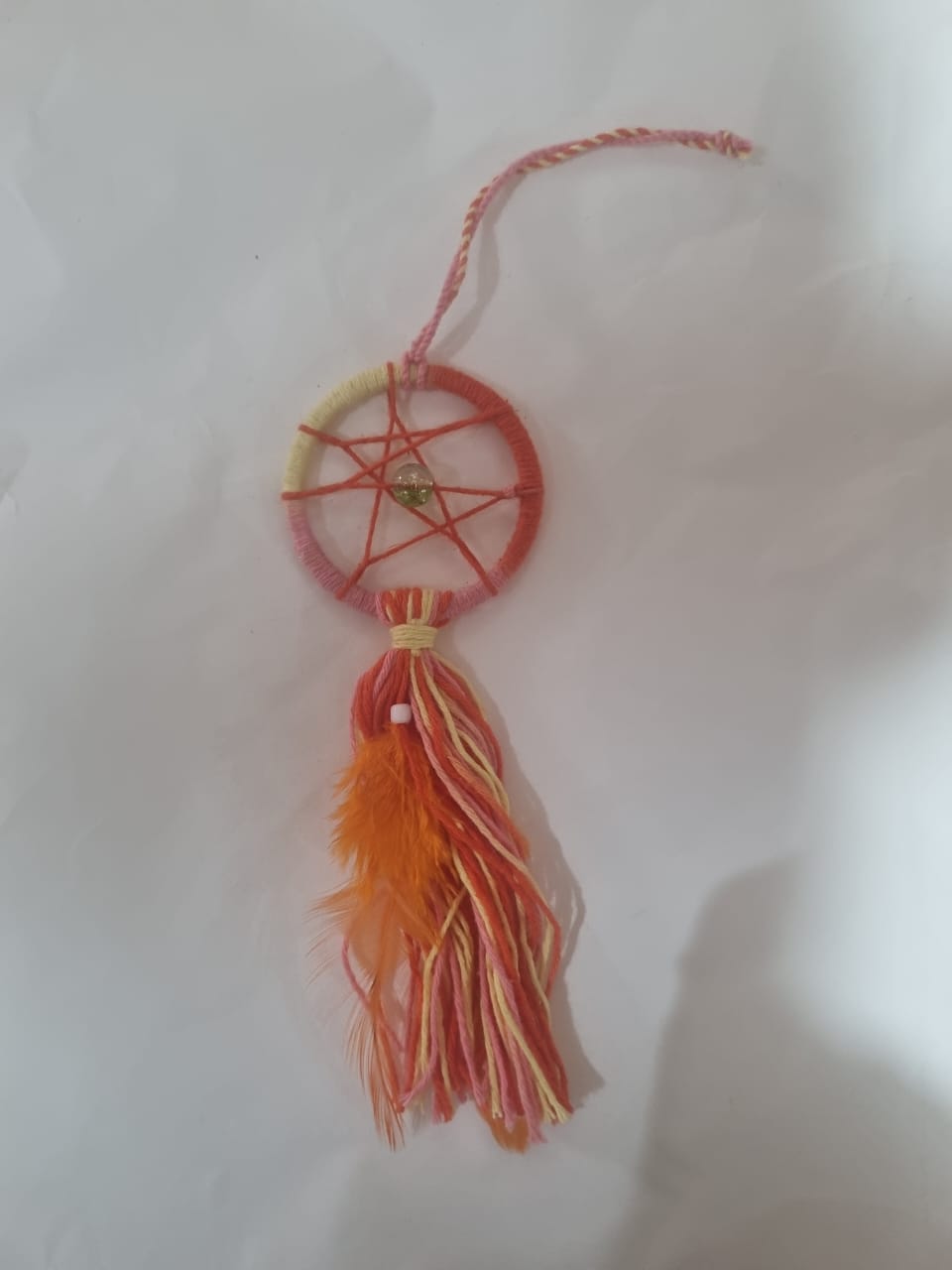 Handmade mini boho dreamcatcher keychain with colorful feathers and beads, cotton 3cm ring
