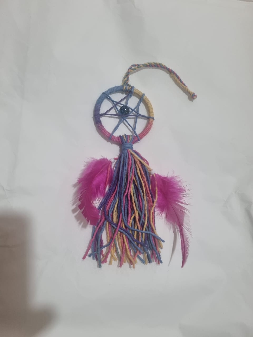 Handmade mini boho dreamcatcher keychain with colorful feathers and beads, cotton 3cm ring