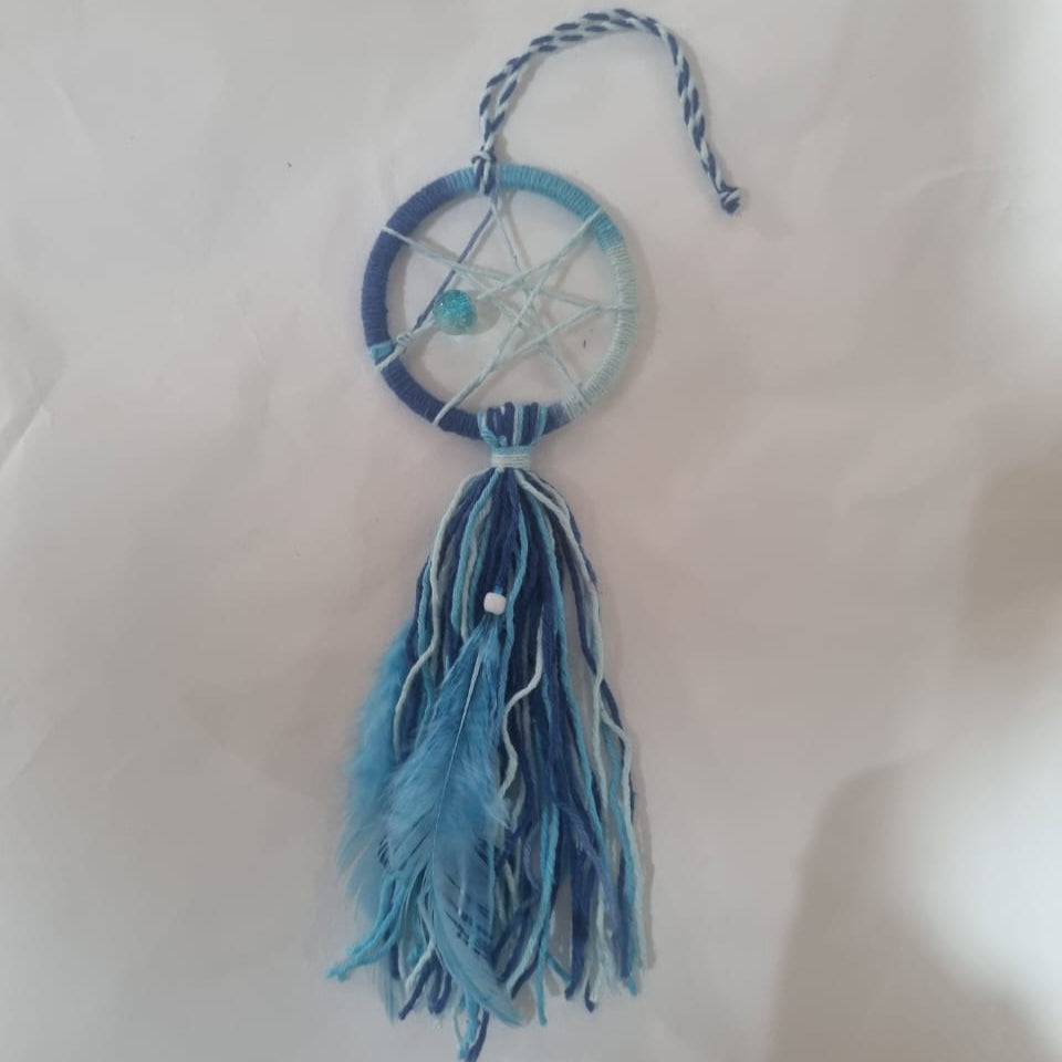 Handmade mini boho dreamcatcher keychain with colorful feathers and beads, cotton 3cm ring