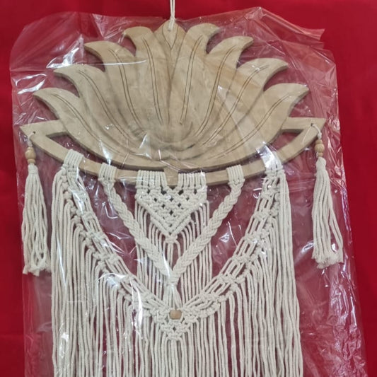 Artisan macrame wall hanging with carved wooden lotus frame, 40cm (15.75"), handmade boho décor for wholesale and custom bulk orders