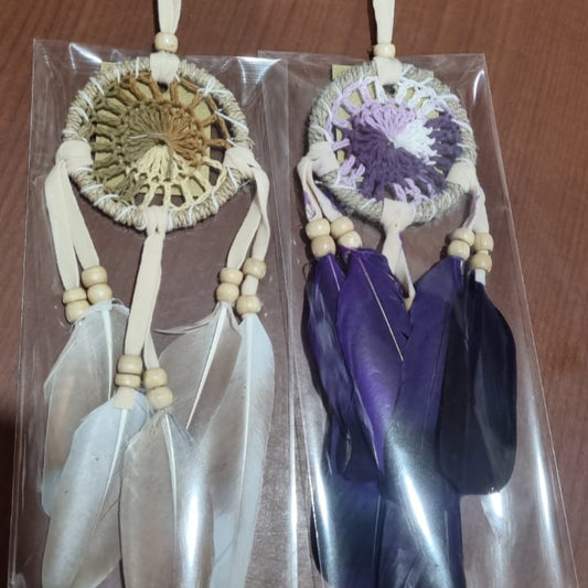 Mini handmade dreamcatcher with cotton thread, agel fiber, colorful feathers, and wood beads – 6cm rustic boho wall or car décor