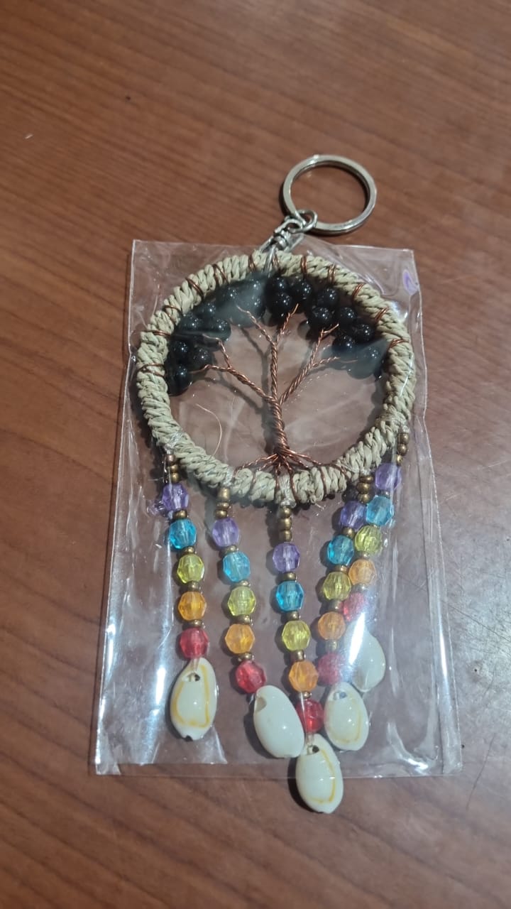 Boho dreamcatcher keychain handmade with cowrie shells, rainbow beads, and agel fiber – rustic Tree of Life charm 6cm