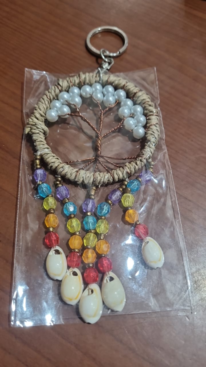 Boho dreamcatcher keychain handmade with cowrie shells, rainbow beads, and agel fiber – rustic Tree of Life charm 6cm