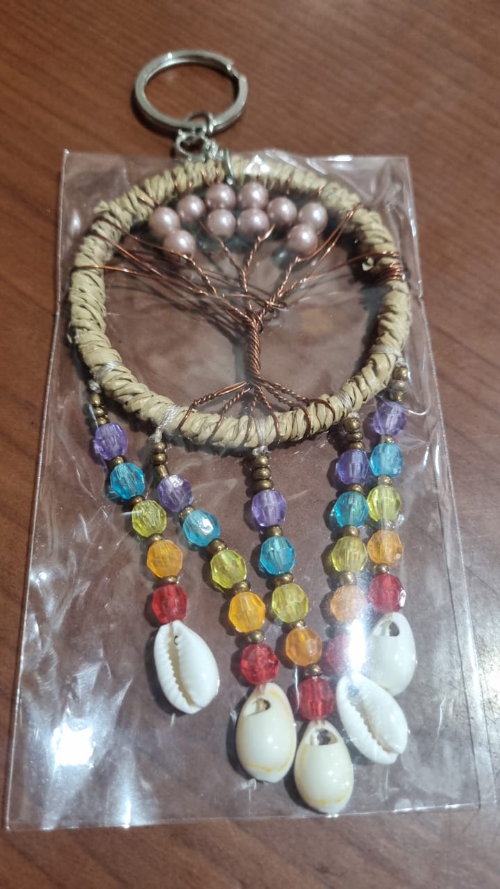 Boho dreamcatcher keychain handmade with cowrie shells, rainbow beads, and agel fiber – rustic Tree of Life charm 6cm
