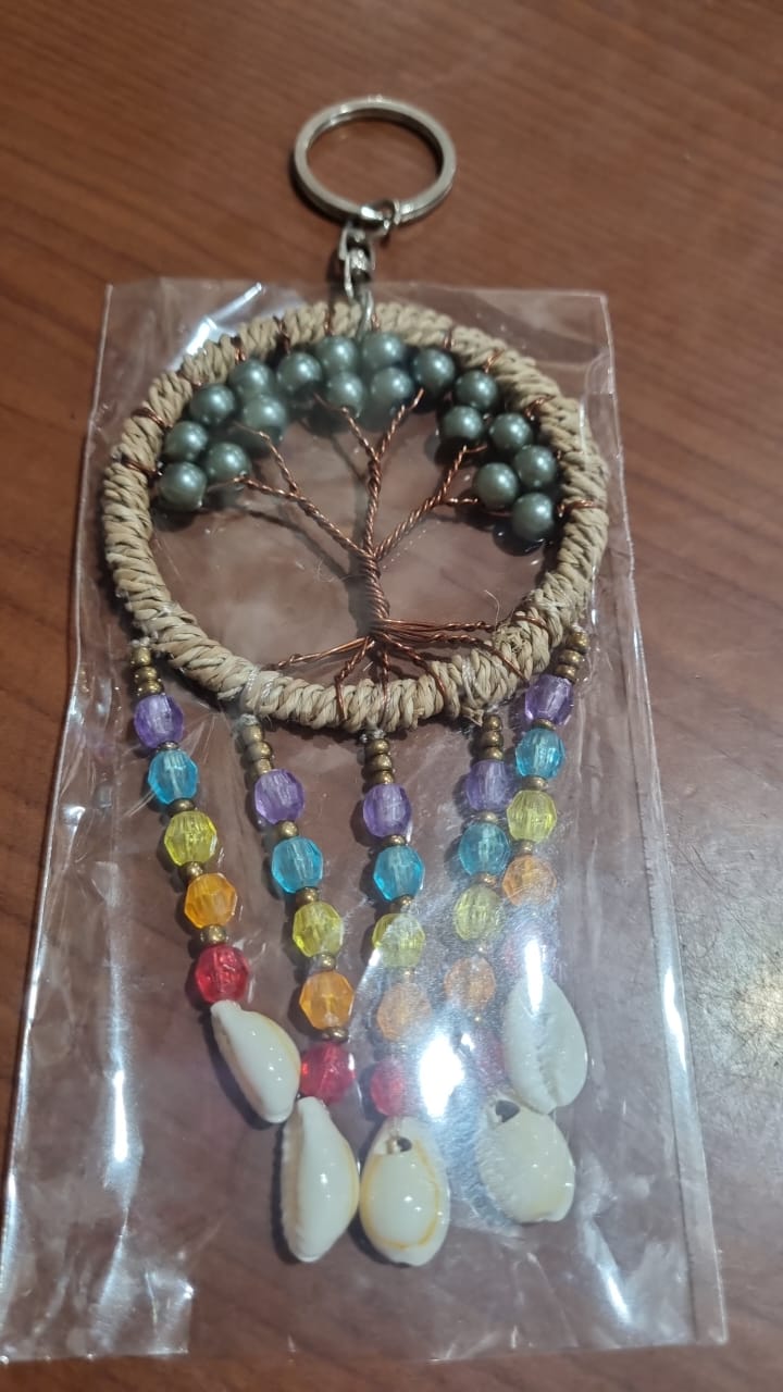 Boho dreamcatcher keychain handmade with cowrie shells, rainbow beads, and agel fiber – rustic Tree of Life charm 6cm