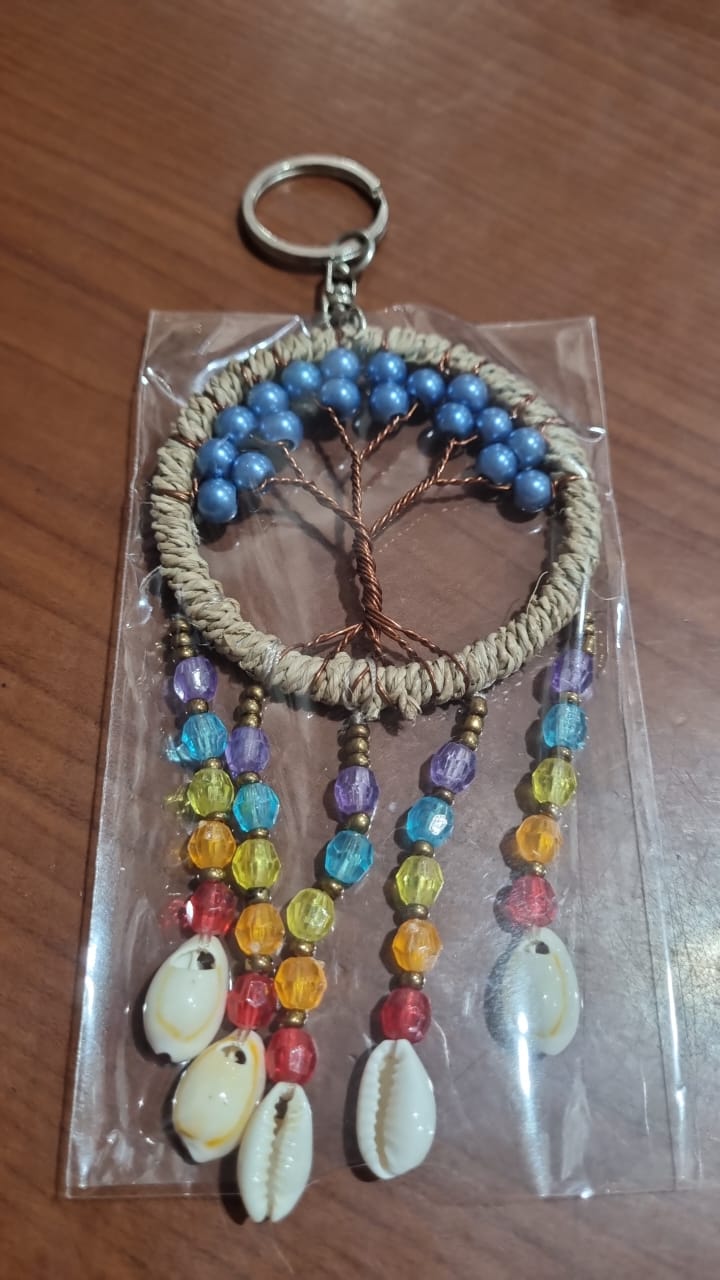 Boho dreamcatcher keychain handmade with cowrie shells, rainbow beads, and agel fiber – rustic Tree of Life charm 6cm