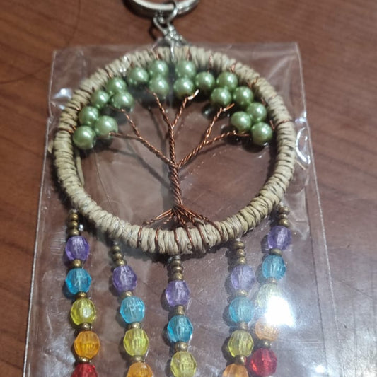Boho dreamcatcher keychain handmade with cowrie shells, rainbow beads, and agel fiber – rustic Tree of Life charm 6cm