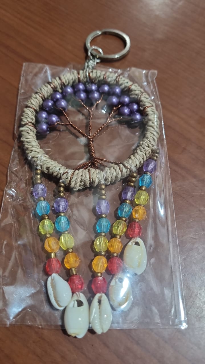 Handmade Tree of Life Dreamcatcher Keychain with Cowrie Shells – Boho Bag Charm, Rainbow Beads Accessory 6cm (2.3")